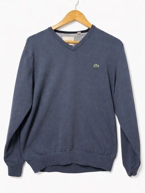 Lacoste Men's Slate Blue V-Neck Cotton Sweater